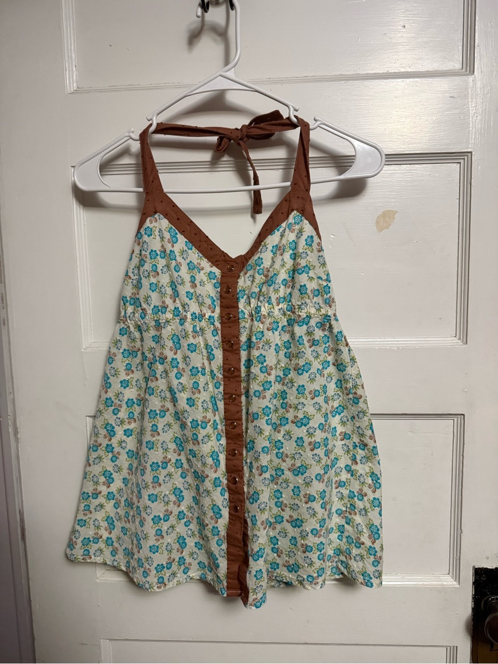 Roper button-up halter top brown trim w/blue and green flowers Size SM